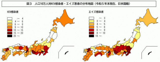 図3 人口10万人対HIV感染者・エイズ患者の分布地図